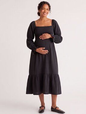 NWT Quince 100% Organic Cotton Gauze Maternity Smocked Midi Dress Black XL